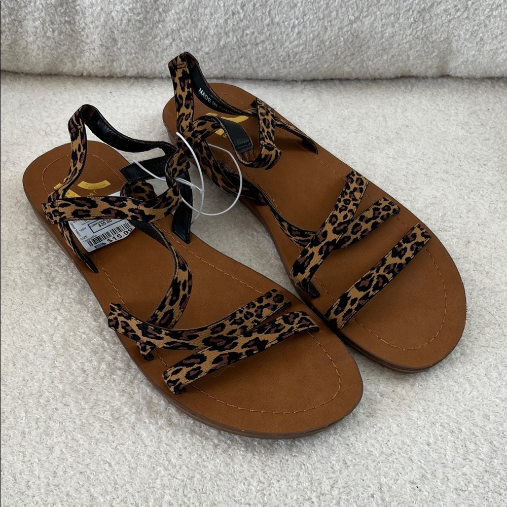 NWT Report Ross Tan Brown Leopard Print Strappy Flat Sandals Size 8.5 Women's